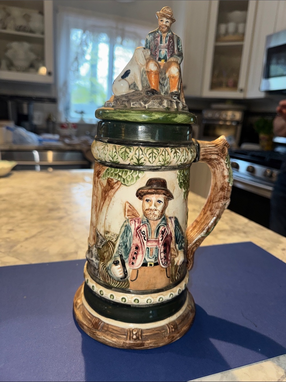 Decorative Ceramic Beer Stein with Hand-Painted Folk Scene - White, Green, Brown